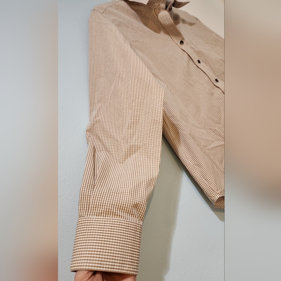 Women's Lafayette 148 Brown/Tan Striped Button Down Shirt, size M - Picture 7 of 10